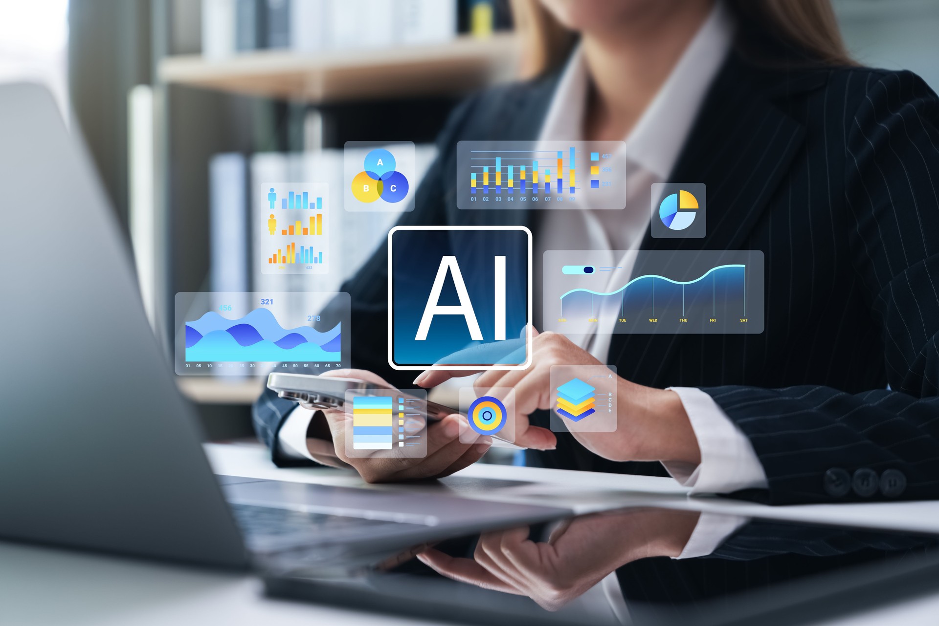 Businesswomen leverage AI to analyze market data and business growth trends for strategic marketing.