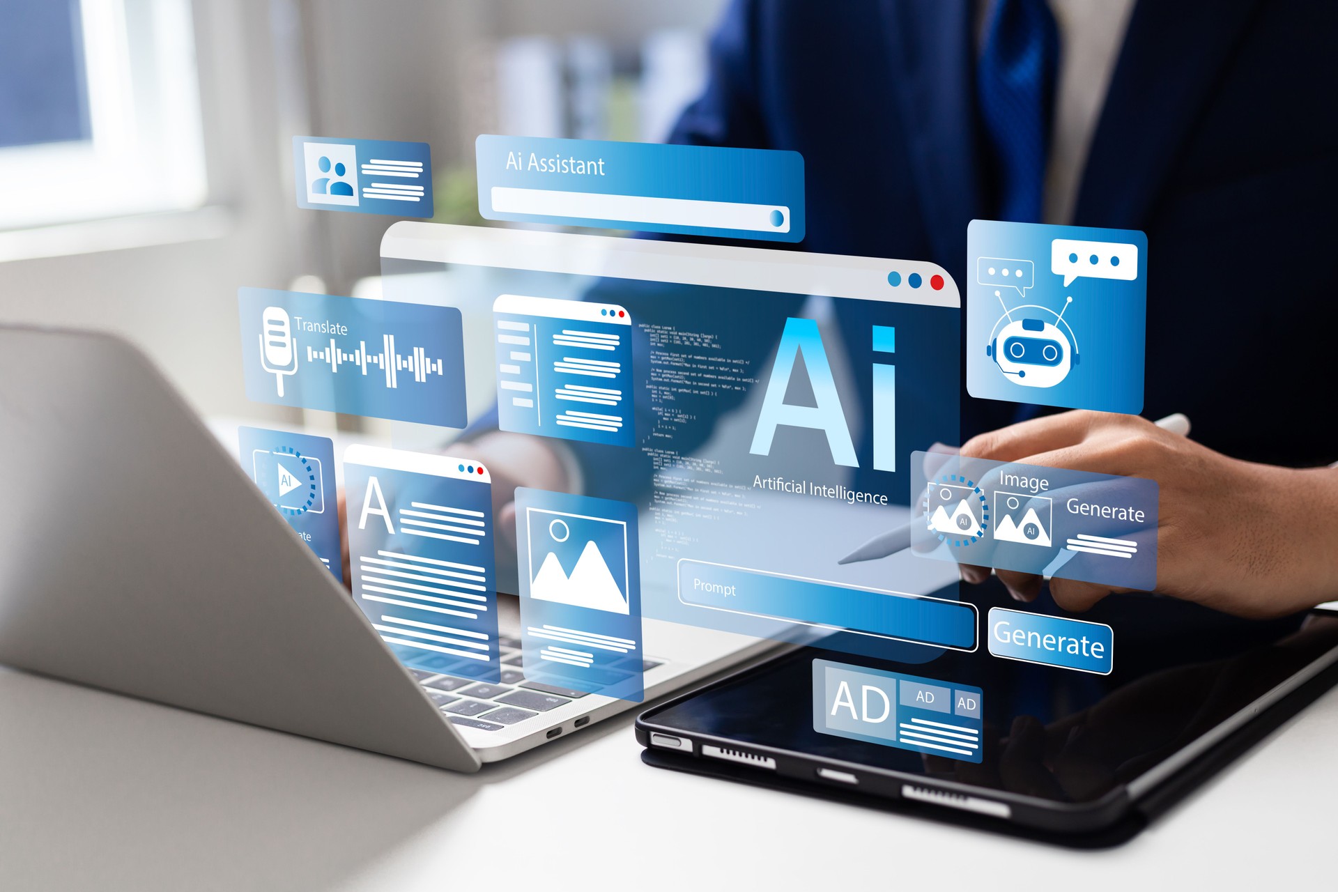 Ai, Artificial intelligence, Man uses laptop to access artificial intelligence tools for content Creation, Chatbots, Image generation, Coding, Translation, and Digital advertising solutions