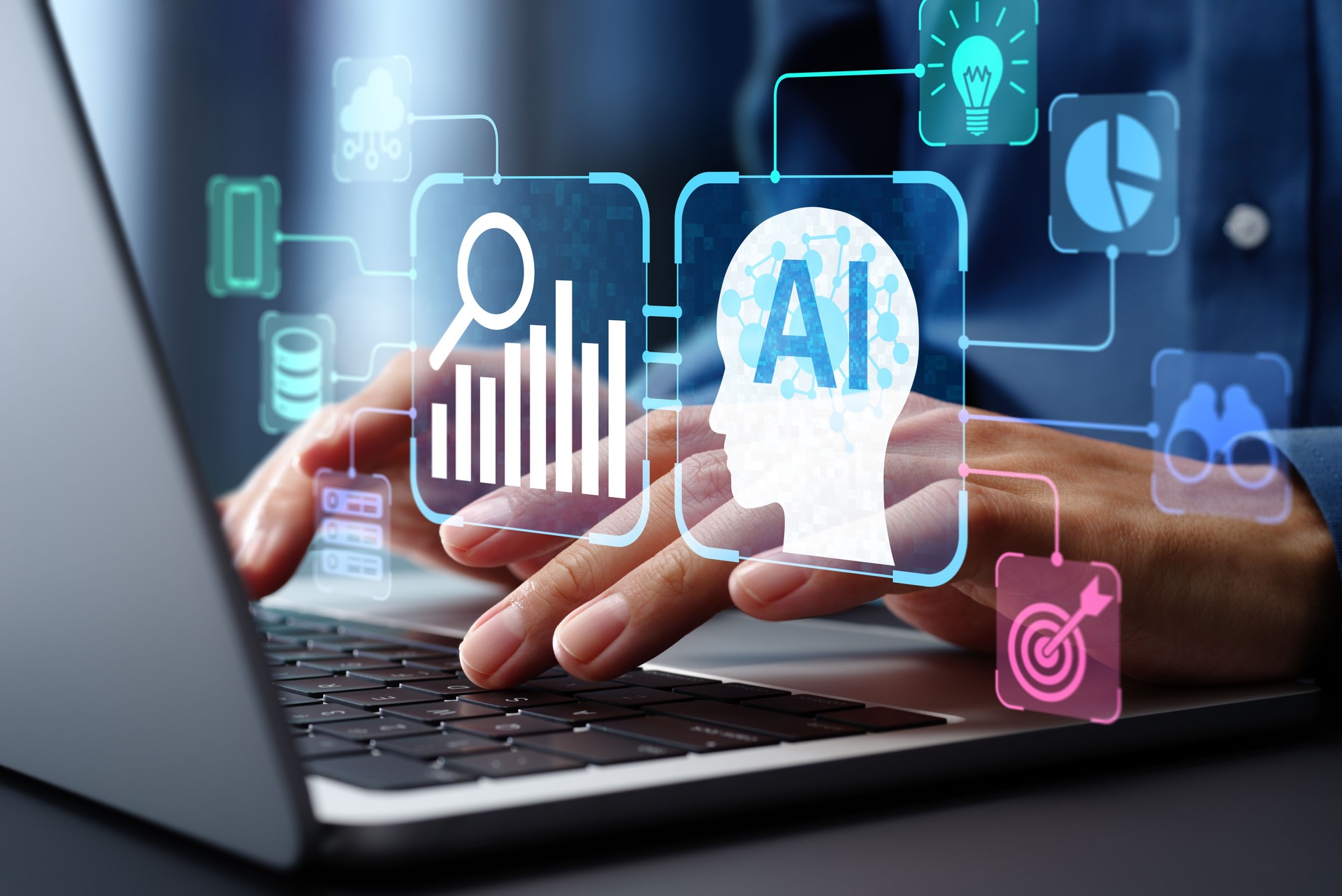 AI-powered automated data analysis and data mining. Artificial intelligence analyzing big data. Businessman using laptop computer to instruct AI agent.